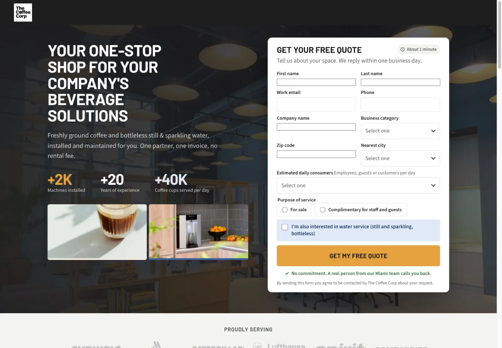 Landing de The Coffee Corp: titular grande a la izquierda y formulario de presupuesto a la derecha.