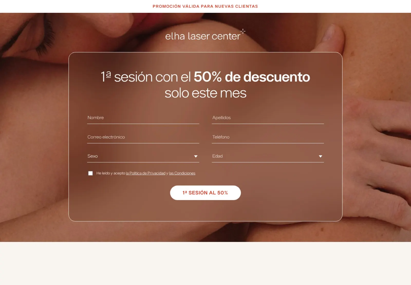 Landing de Elha Laser Center: oferta de primera sesión y formulario de reserva sobre foto a pantalla completa.